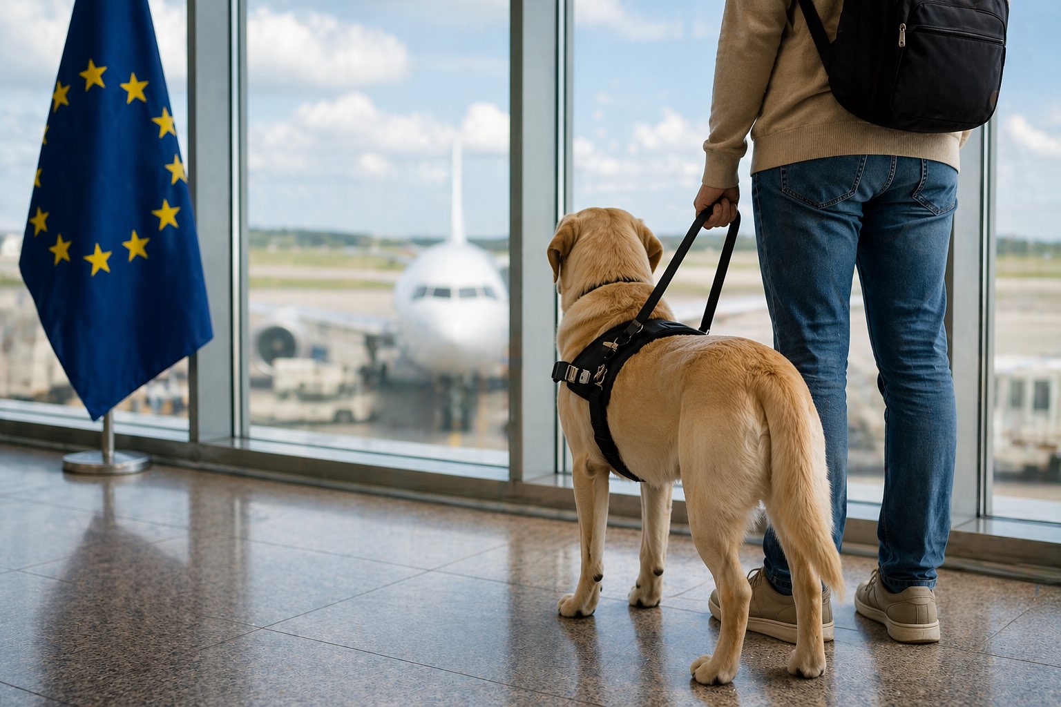 Dog passport story Guide dog and handler standing in an airport terminal with an aircraft visible outside, representing travel challenges for assistance dog users in Europe.”