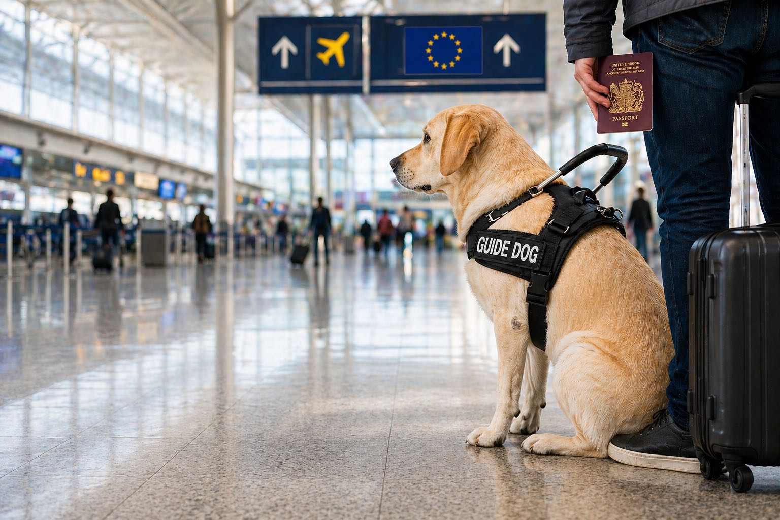 Guide dog and handler at an airport, highlighting ongoing challenges for assistance dog Guide dog and handler at an airport, highlighting ongoing challenges for assistance dog travel between Great Britain and the EU.