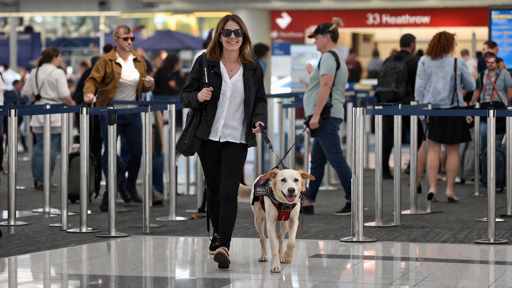 Blind passenger travelling through airport security with a guide dog in an airport terminal.