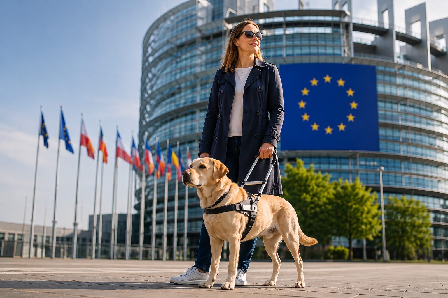 Guide dog user standing with a yellow Labrador outside a modern European institutional building.